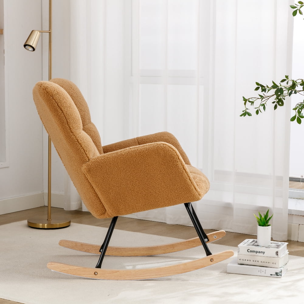 Oufan Leisure Rocking Chair With Upholstered, Teddy Fabric Nursery Rocking Chair with High Backrest & Solid Wood Frame for Living Room, Bedroom