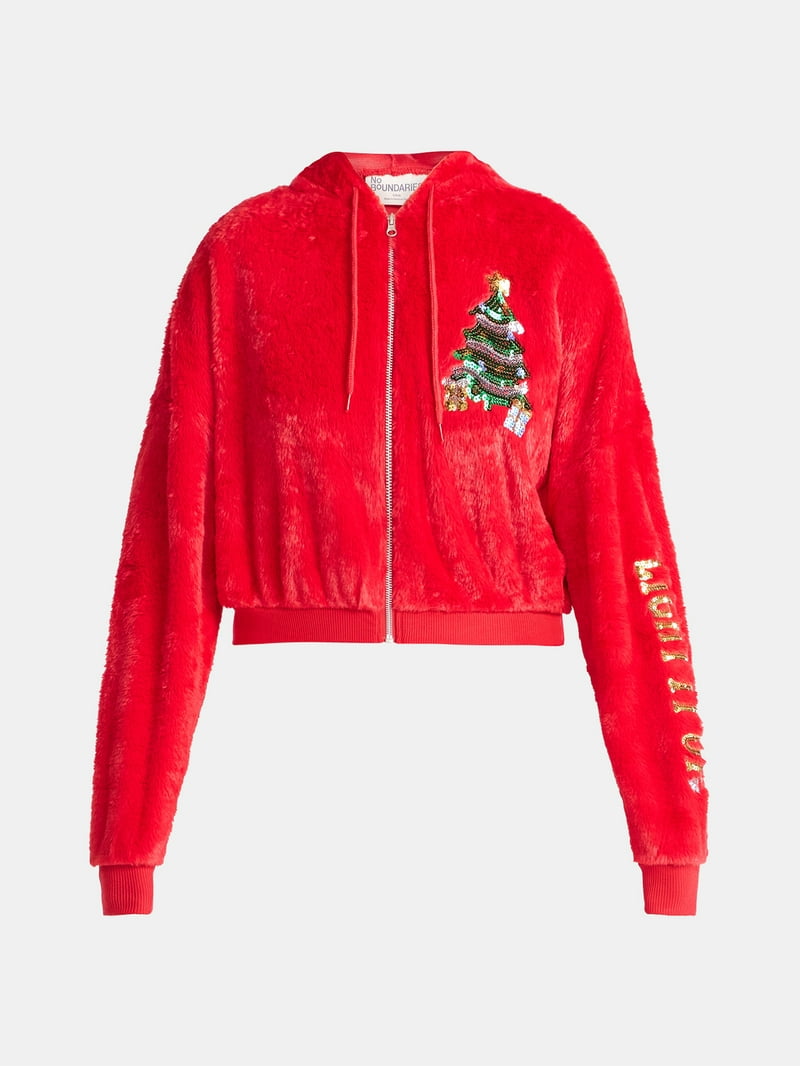 No Boundaries Christmas Plush Jacket, Women's & Women's Plus