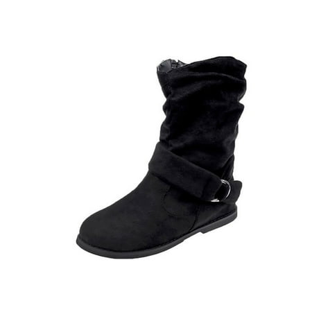 

Staron Women s Winter Flat Leather Belt Buckle Suede Zipper Round Toe Ankle Boots