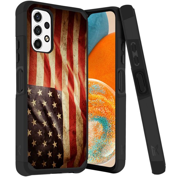 ANJ  Rugged Dual Layered Shockproof Slim Hybrid Case   Tempered Glass Cover Compatible with Samsung Galaxy A23 5G - Vintage American Flag