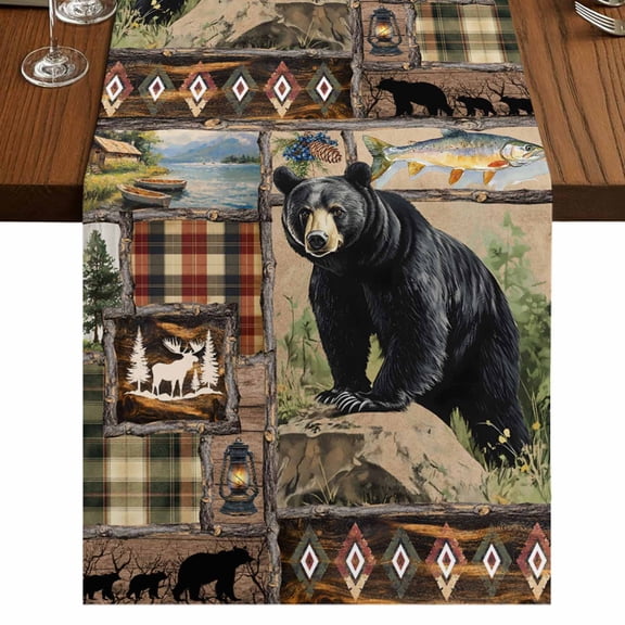 Vintage Black Bears 70 Inch Table Runner, Abstract Country Plaid Fish Retro Farmhouse Dresser Scarf Cotton & Linen Tablerunner for Dining/Kitchen Island/Holiday Party Décor 13" x 70"