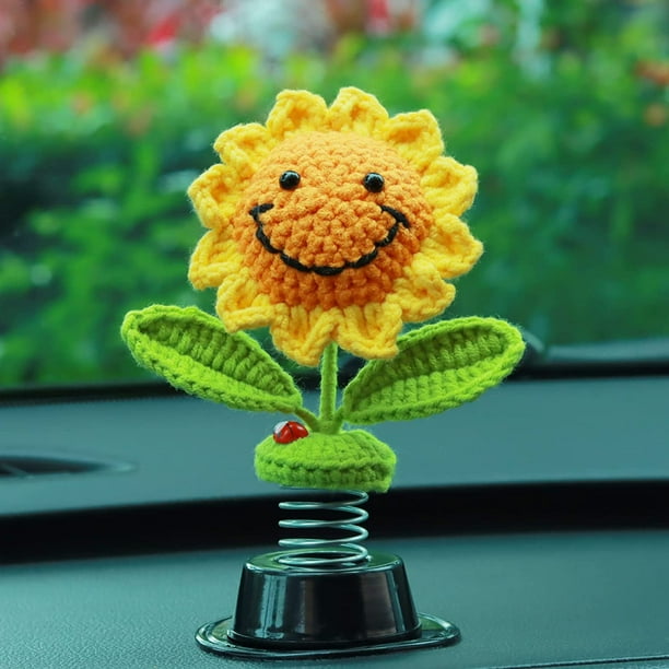 Sunflower Car Decoration Dashboard Decorations for Women Teens Handmade Shaking Smiley Bobblehead Car Accessories Cute Car Interior Home Office