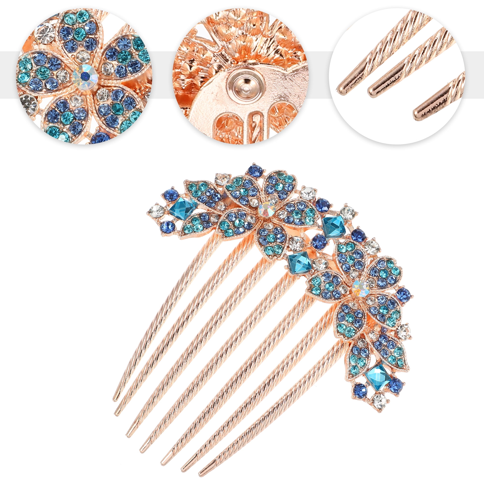 Unique Bargains Women Rhinestone Inlaid Flower Hair Comb Blue