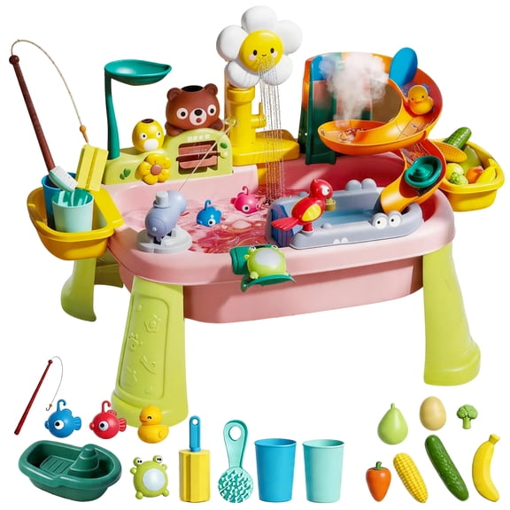 Caunedy Sand Water Table Toy, Kids Sand Water with Faucet/Play Food Accessories/Fishing Toy, Kitchen Play Sink Toys for Girl Boy Age 1 2 3 4 5 6 7 8