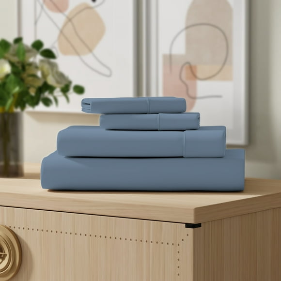Color Sense 100% Cotton Percale Cool & Crisp 4-Piece Sheet Set King Blue
