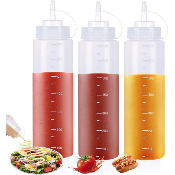 Botellas de Plástico Exprimibles para Condimentos, 700ml, 3 Piezas con Embudo, para Salsas y Jarabes (Color transparente, 700, Mililitros)
