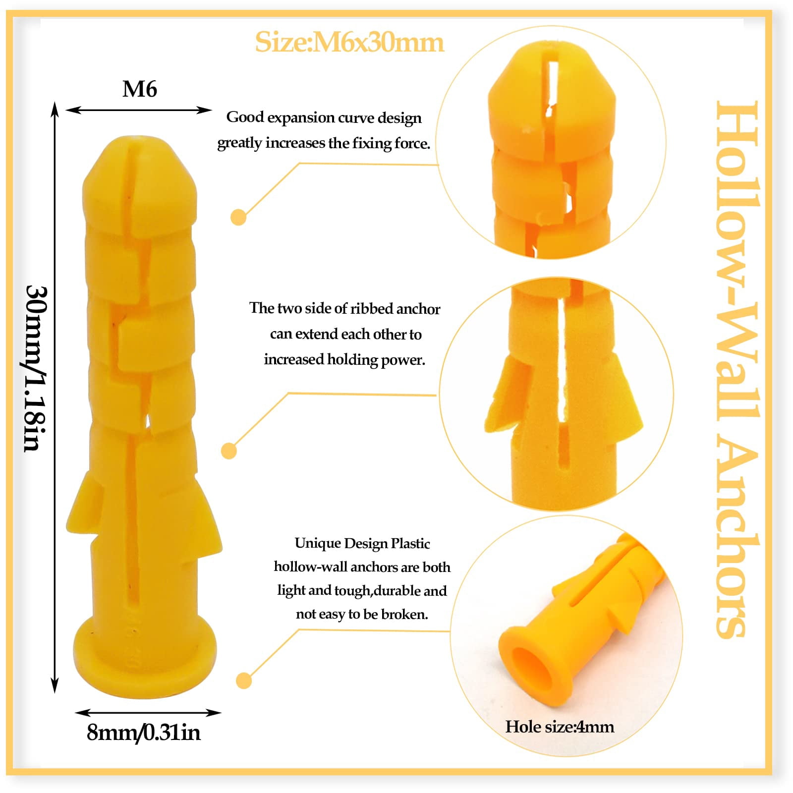 100pcs Drywall Anchors,Self Drilling Anchors Plastic Hollow Wall Anchors Plugs(M10x50mm)