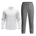 thumbnail image 6 of Men's Resort Yoga Outfit Linen Long Sleeve Shirt and Pants Casual Breathable Lightweight Loungewear Set White L, 6 of 6