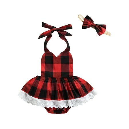 

Canrulo 2PCS Christmas Infant Newborn Baby Girls Tie-up Lace Trim Plaid Halter Romper Red 18-24 Months