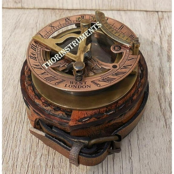 Brass Sundial Compass - Pocket Sundial Antique Style - Rustic Vintage Home Décor & Gift from West London