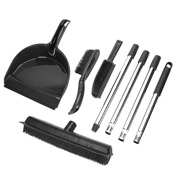 OVENTE Carpet Rake Rubber Broom for Pet Hair Removal with Squeegee, Detailing Lint Fur Remover Brush, Dustpan and 50” Handle, Cleaning Tools Set for Rug, Hardwood Floor, Tile and Window, Grey CT2504G