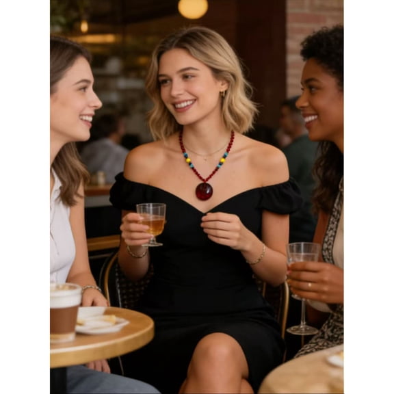 Amber Pendant Necklace with Red Beaded Chain and Multicolor Accent Beads,Natural raw ore hematite pendant necklace, amber pendant, as a gift for elders