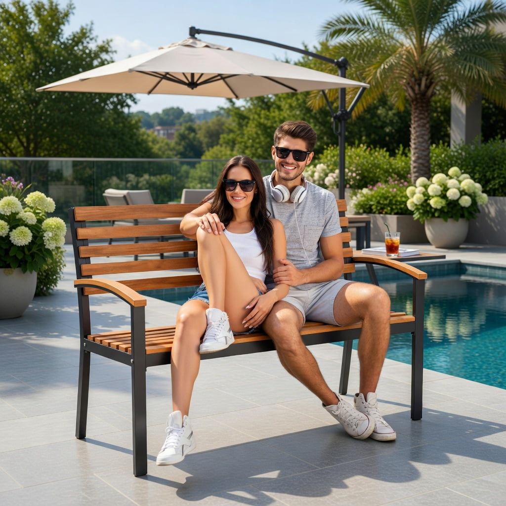 Hommoo Acacia Wood Outdoor Patio Loveseat Bench with Backrest & Armrests, Two-Person Garden Seating for Backyard, Deck, or Balcony, Black