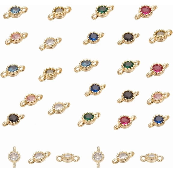 32Pcs 8 Colors 14K Gold Plated Birthstone Charm Rhinestone Charms Earring Charms Bracelet Charm Flat Round Connector Charms