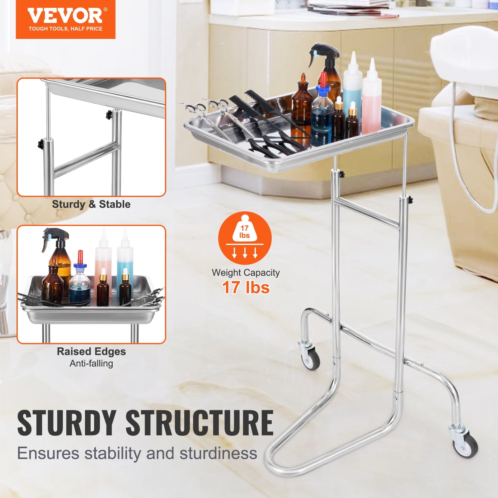 VEVOR Stainless Steel Lab Carts, Lab Utility Cart with Single Tray, Mobile Medical Cart with 2 Silent Wheels, Lab Rolling Cart for Lab, Clinic, Hospital, Salon