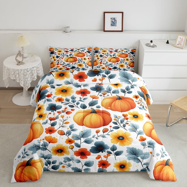 YST Ensemble de Douillette Citrouille de Récolte d'Automne Branche Aquarelle Fleurs Feuilles Ensemble de Literie Simple Jardin Botanique Floral Ensembles de Literie Douillette Automne Action de Grâce Couette