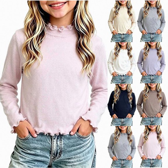 WAVSUF Girls Ruffle Mock Neck Tee, Ruffle Hem Long Sleeve Skinny Fit Winter Base Comfort Undershirt Pink 7-8