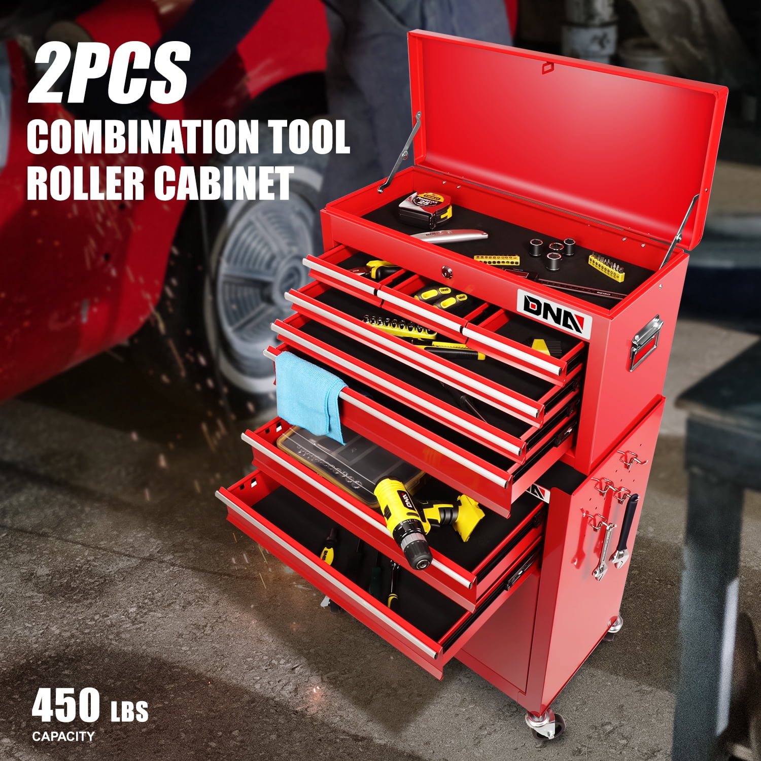 DNA Motoring TOOLS-00265 2Pcs Combination Tool Rolling Cabinet 2