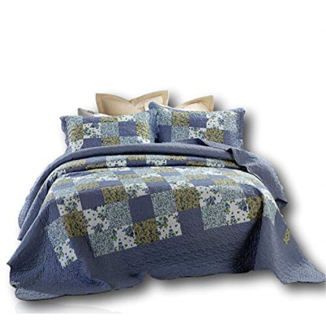 DaDa Bedding Blue Berry Cottage Floral Patchwork Quilted Coverlet Bedspread Set