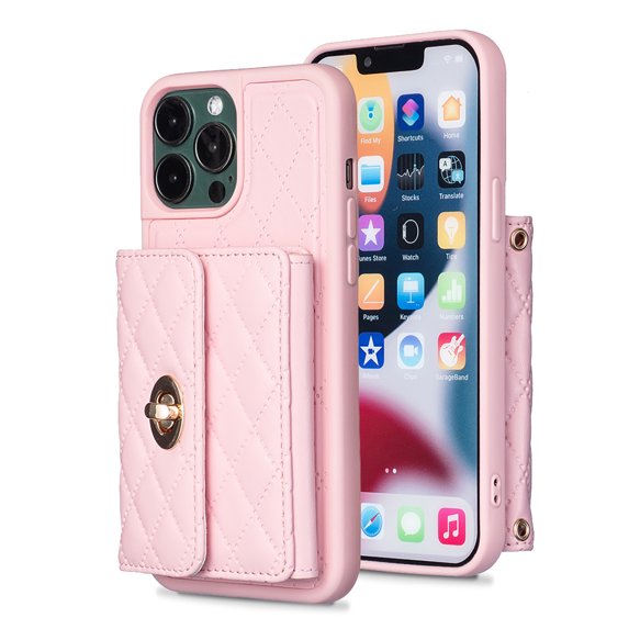 Nalacover for iPhone 13 Pro Max Crossbody Wallet Case, Elegant Premium PU Leather Shoulder Strap Lanyard Cover with Metal Lock Button Card Slots Soft Silicone Shockproof Case,Pink