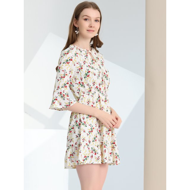Unique Bargains Femmes Cloche Florale Manches 3/4 Cravate Manches Volants Ourlet