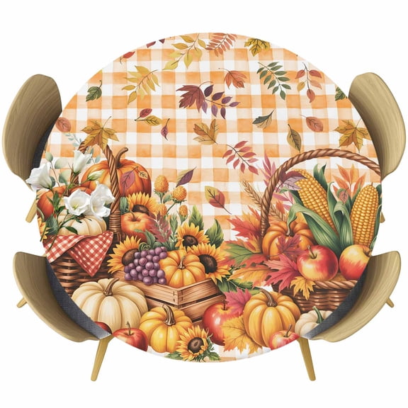 Plaid Pumpkins Fall Round Tablecloth, Fitted Table Cover with Elastic for 45"-54" Round Tables, Harvest Thanksgiving Botanical Leaves Table Cloth Outdoor Indoor Dinning Party Waterproof Tablecloths