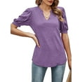 thumbnail image 3 of SHIBEVER Women Blouses Summer Casual Puff Short Sleeve Tops Comfy V Neck Trendy Purple Loose Shirts for Women Size M, 3 of 5