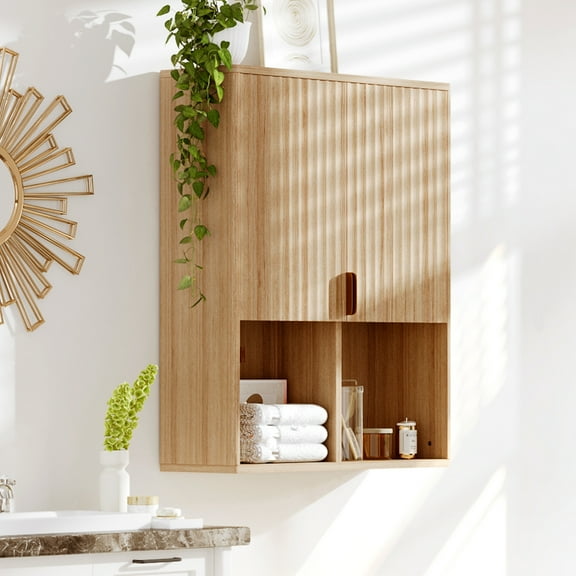 Tzou Fluted Wooden Bathroom Wall Cabinet – 23"x29" Over Toilet Storage with Adjustable Shelf and Buffering Hinges – Modern Medicine Cabine