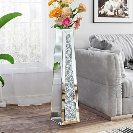 GA Home 28.85" Tall Crushed Diamond Floor Vase, Silver Large Vases for Decor Living Room, Crystal Mirrored Home Decor Vases for Dried Flower