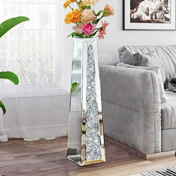 GA Home 28.85" Tall Crushed Diamond Floor Vase, Silver Large Vases for Decor Living Room, Crystal Mirrored Home Decor Vases for Dried Flower