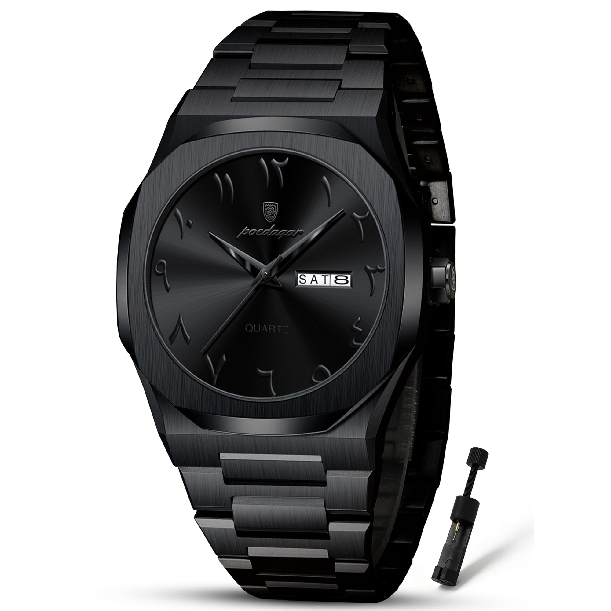 POEDAGAR Men's Luxury Quartz Wristwatch, Stainless Steel Band, Black Dial for Daily Wear