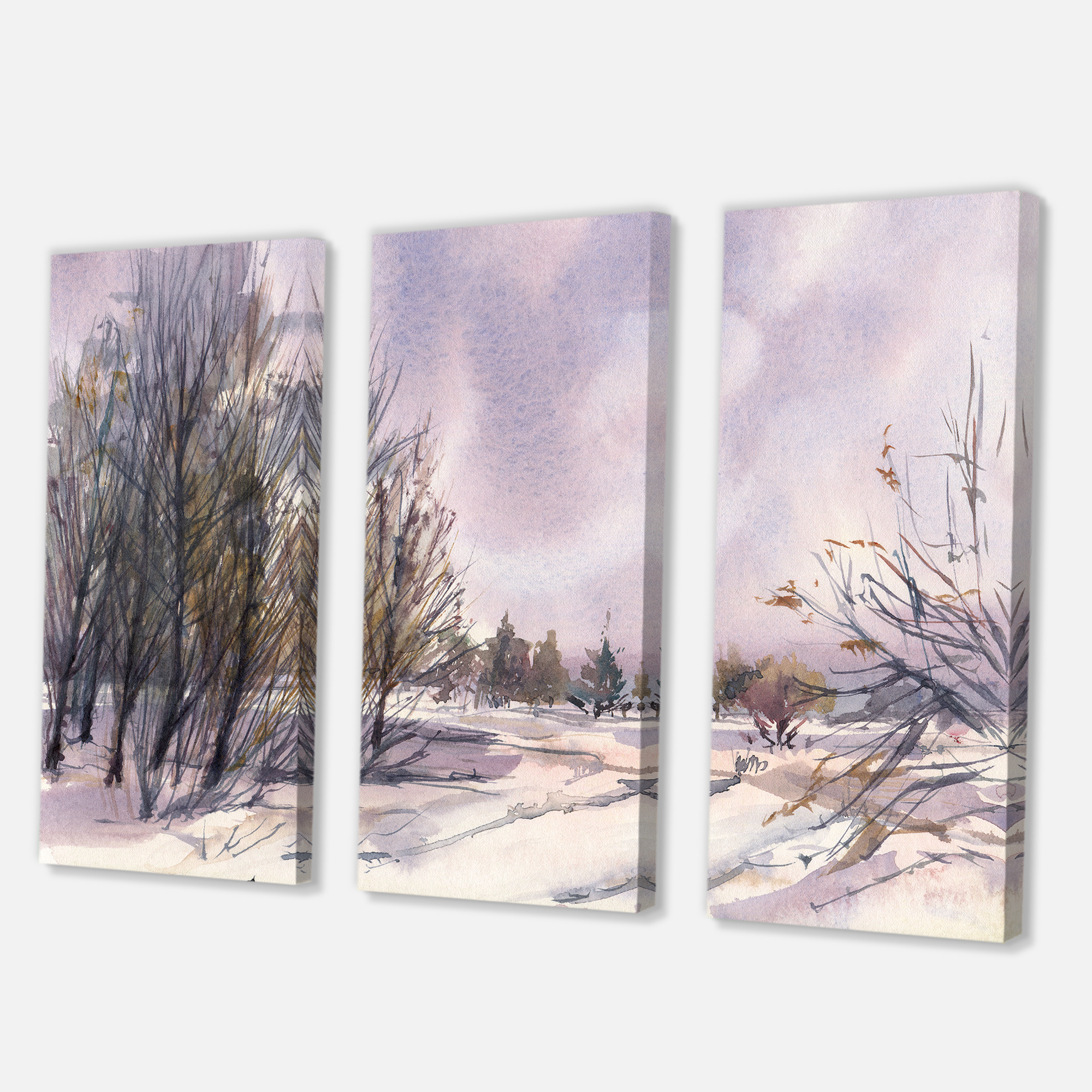 Purple Snowy Tones With Winter Landscape 28 in x 36 in Painting Canvas Art Print, by Designart