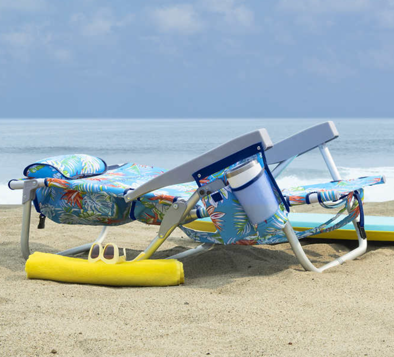 2 PACK Tommy Bahama Backpack Folding Reclining Beach Chair Blue Floral