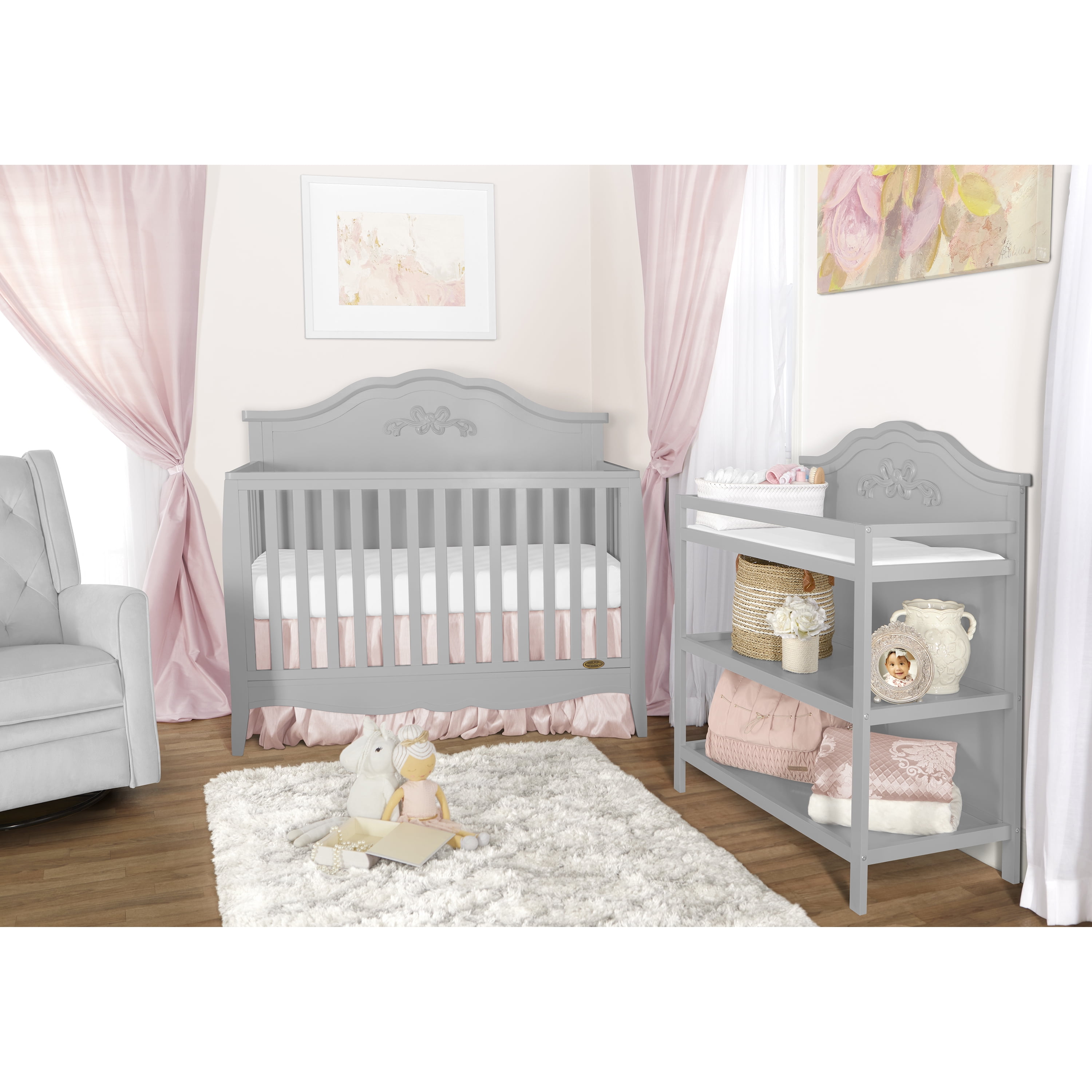 Dream On Me Jasmine Changing Table with Fixed Shelves, Platinum, 1" Mattress Pad, Safety Strap