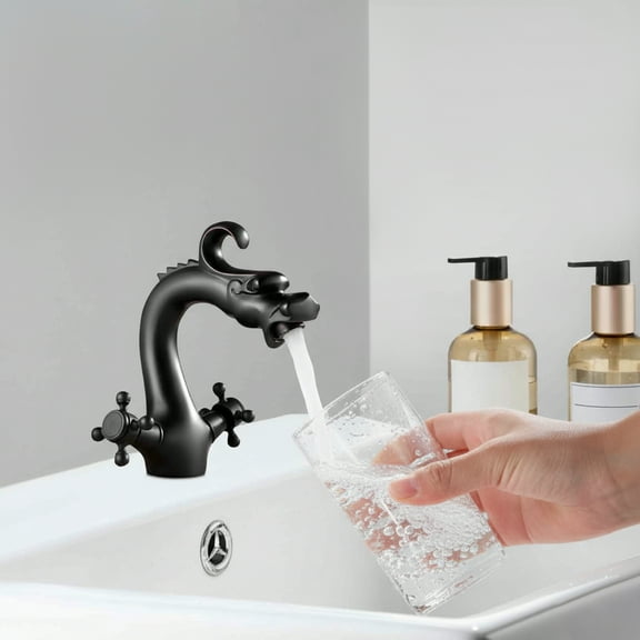 Antique Black Bathroom Sink Faucet, Dual Handle Waterfall Spout, Oil Rubbed Brass Finish, Deck Mounted Mixer Faucet for Kitchen & Bathroom