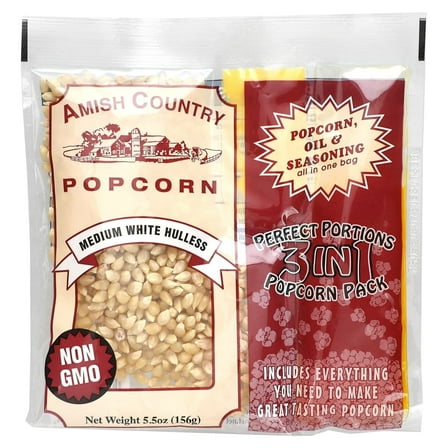 Amish Country Popcorn, Perfect Portions 3 in 1 Popcorn Pack, Medium White Hulless, 5.5 oz (156 g) Pack of 3