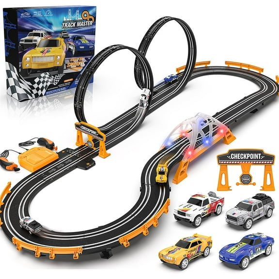 Allaugh Slot Car Race Track Sets with 4 High-Speed Slot Cars,Battery or Electric Car Track,Dual Racing Game Lap Counter Track Sets,Toys Gifts for Kids 4-12 Years Old Boys and Girls