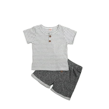 

Suanret Newborn Infant Baby Boy Summer Outfits Short Sleeve Striped T-Shirt Top + Shorts 2 Piece Clothes Gray 6-12 Months