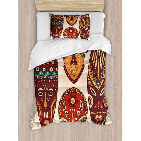 Red and Brown Duvet Cover Set, Tribal African Pattern on Ritual Masks Ethnic Accessories Indigenous Culture, Decorative Bedding Set with Pillow Shams, Multicolor, by Ambesonne
