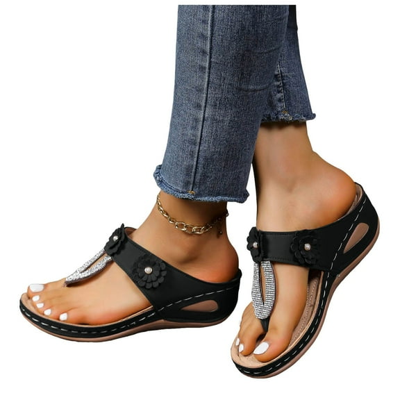 Dakaela Wedge Sandals for Women Rhinestone Orthopedic Flip Flops Arch Support Summer Walking Slippers