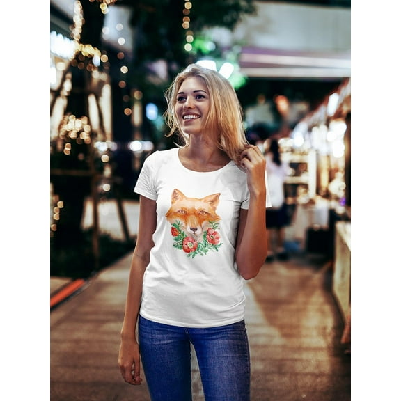 Cute Floral Watercolor Red Fox T-Shirt Women -Image by Shutterstock, Female Medium