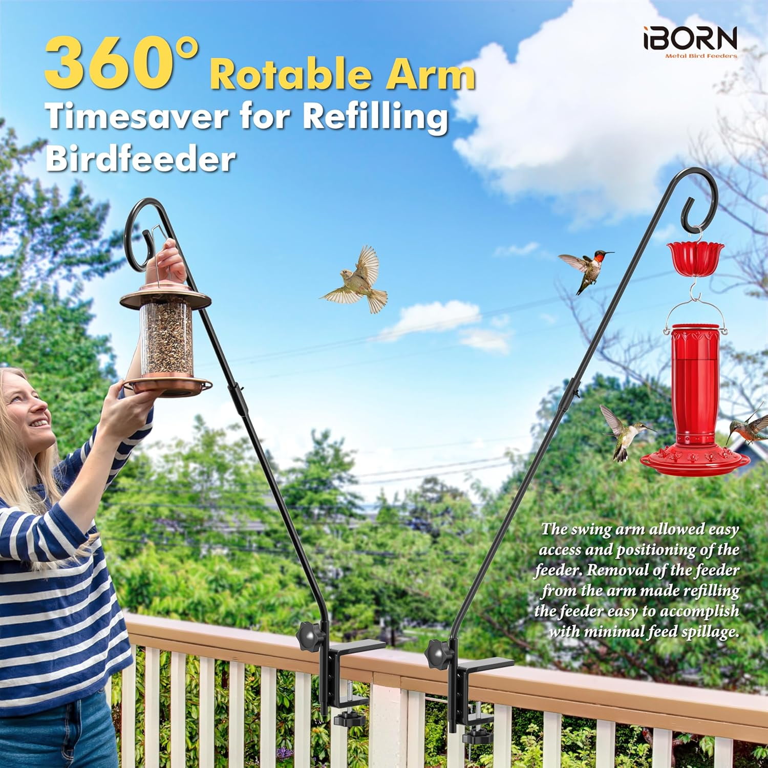 Deck Hook for Bird Feeder, Hummingbird Feeder Hanger for Deck Railing, Heavy Duty Deck Hanger for Outdoors Hanging, 360° Rotatable Arm, Solid Wire, 28 Inch, Pack of 1