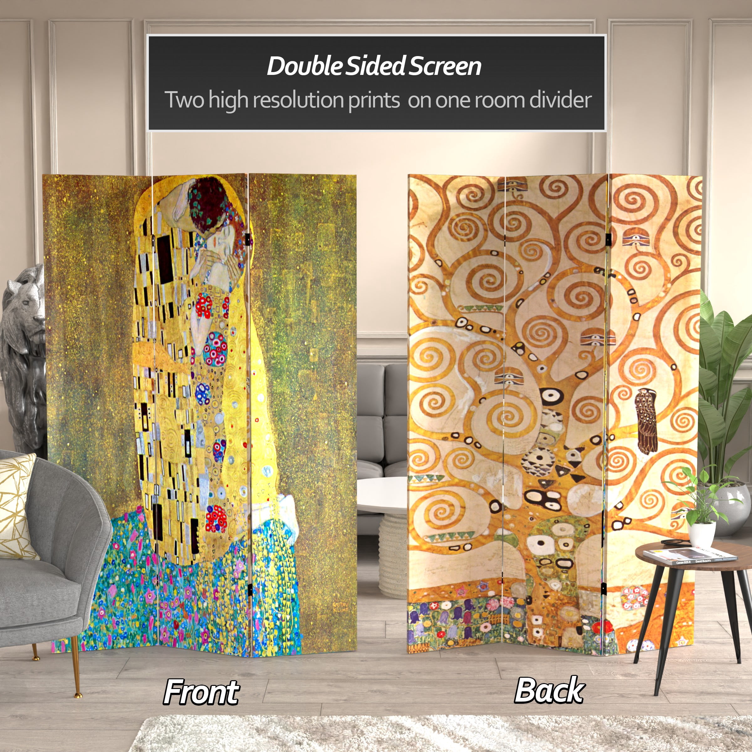 Oriental Furniture 6 ft. Tall Klimt 'The Kiss' Canvas Room Divider - 3 Panel