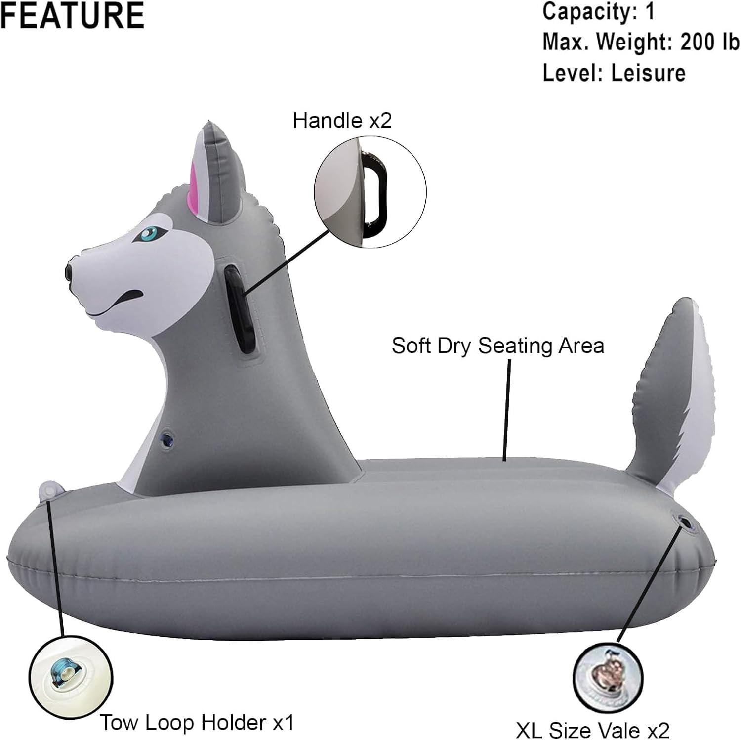 Sled Husky Snow Tube Inflatable 38 inches Long One Person snow and water Rider for Kids by Jet Creations FUN-HUSKYM