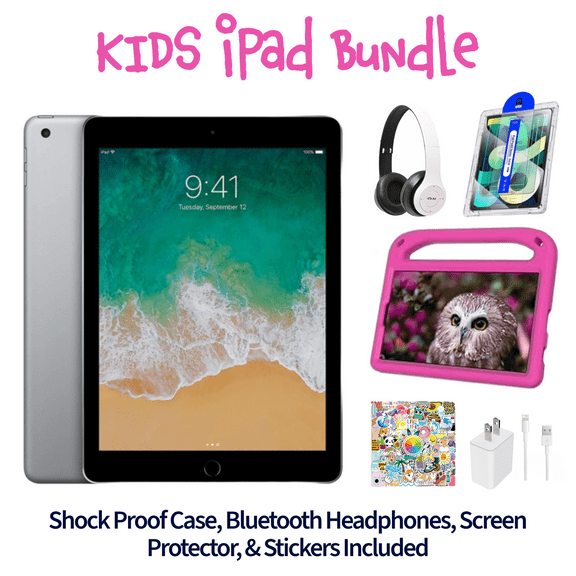 Restored Apple iPad 5 Kid's Bundle - 9.7" 128GB Space Gray (Wi-Fi) - Shock Proof Case, Bluetooth Headphones, Screen Protector, Kid's Stickers, and Charger Included (Refurbished)