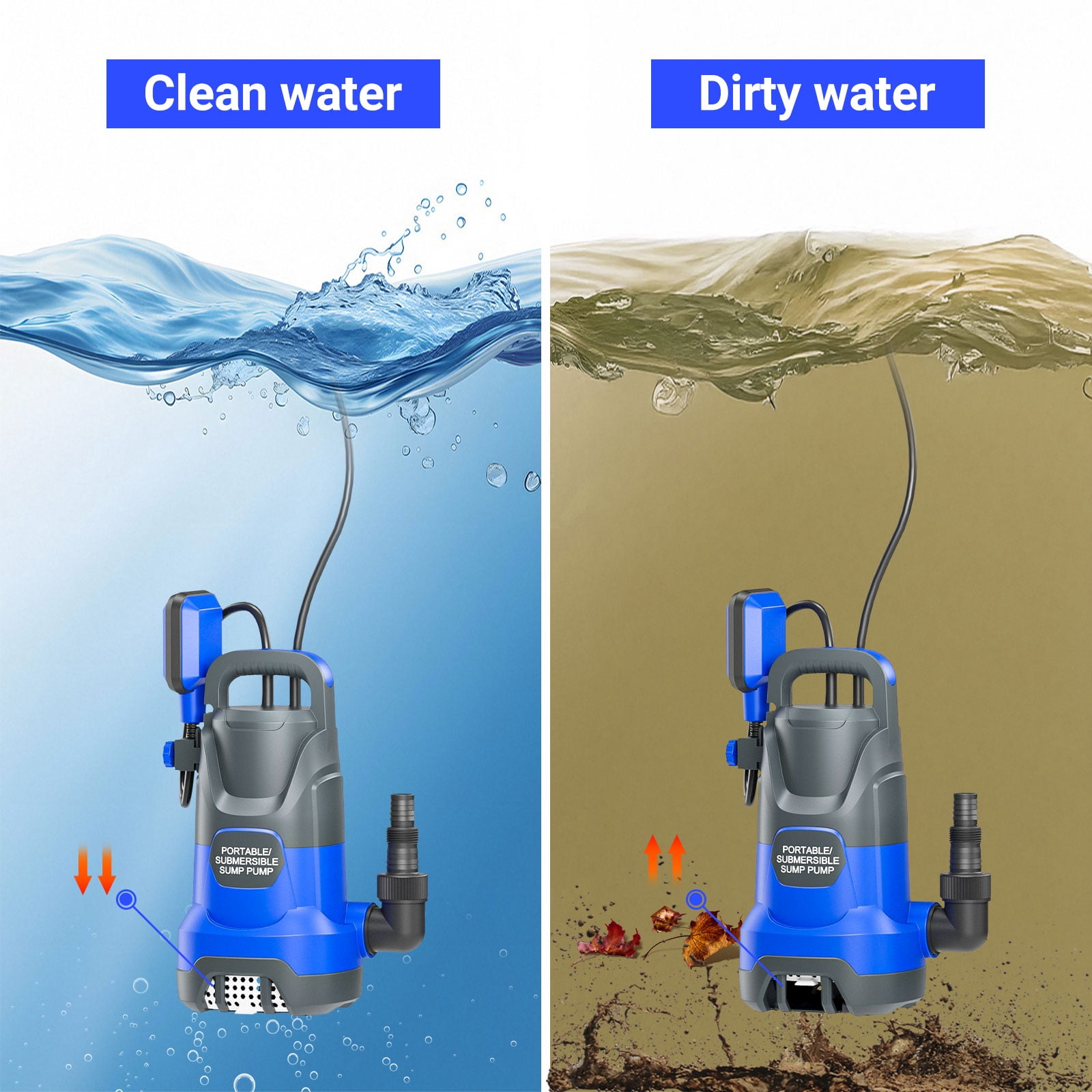 Sump Pump Submersible Water Pump 1HP 3700GPH with Float Switch Portable Water Transfer Pump Electric for Pool Draining Hot Tub Basement Utility Pumps