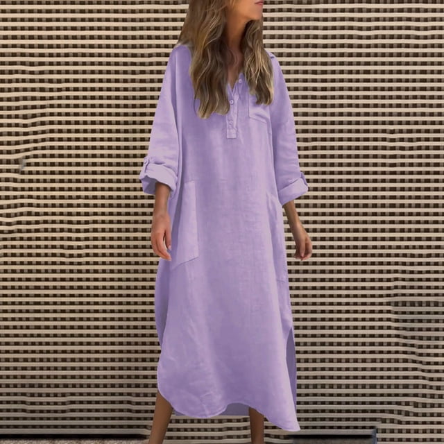 Ovzne Robes pour Femmes 2025 Robe Femme Couleur Unie Manches Longues Bouton Réversible Irrégulier Bouton Poche Longue Robe Grande Taille Robe Maxi Manches Longues Imprimée Longues Robes Liquidation
