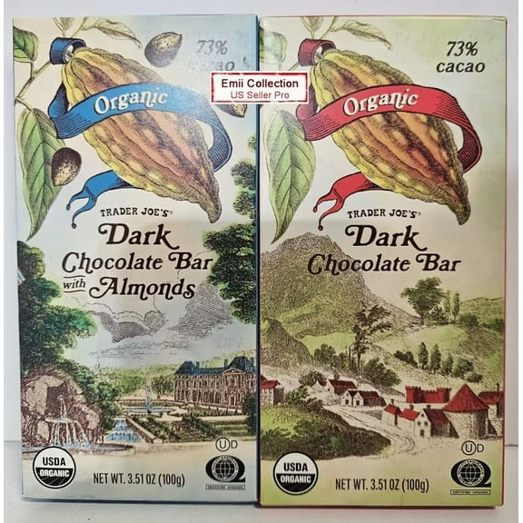 Trader Joe's Organic 73% Cacao Dark Chocolate Bar, Dark Chocolate Bar with Almonds 3.51oz 100g (2 Bars)