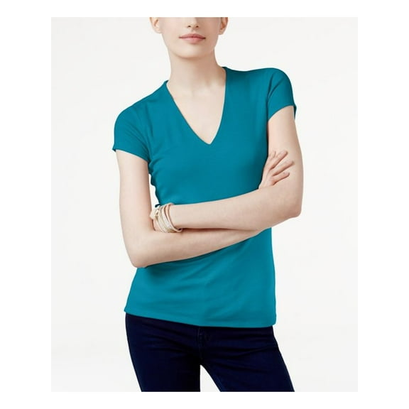 INC Womens Blue Cap Sleeve V Neck Top Petites PM