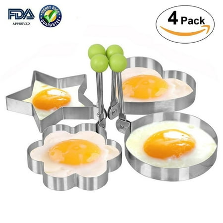 Fried Egg Mold, Stainless Steel Fried Egg Molds with Convenient Handles- Fired Egg Rings - 4 Piece Set - Heart, Circle, Star and Plum Flower Shapes for Kitchen Cooking,